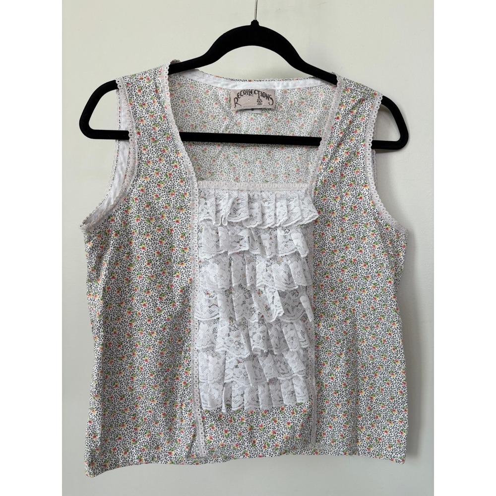Recollections Floral Lace Ruffle Bib Cotton Top Sleeveless Cottagecore Small